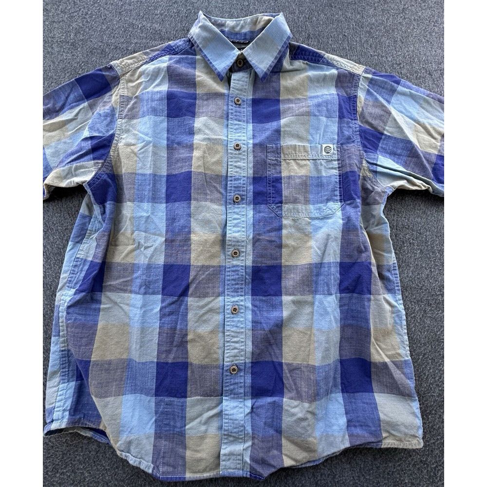 Solaris Shirt Mens‎ Medium Blue Beige Checkered Button Up Short Sleeve Pocket
